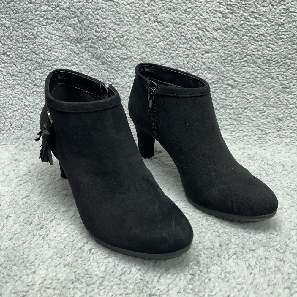 Anne Klein Aksilva Heel Ankle Boots Womens 7M Black Suede Textile Upper‎ Tassel